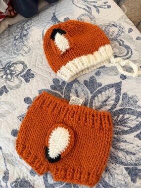 Kids Orange Fox Knit Hat and Diaper Cover Set